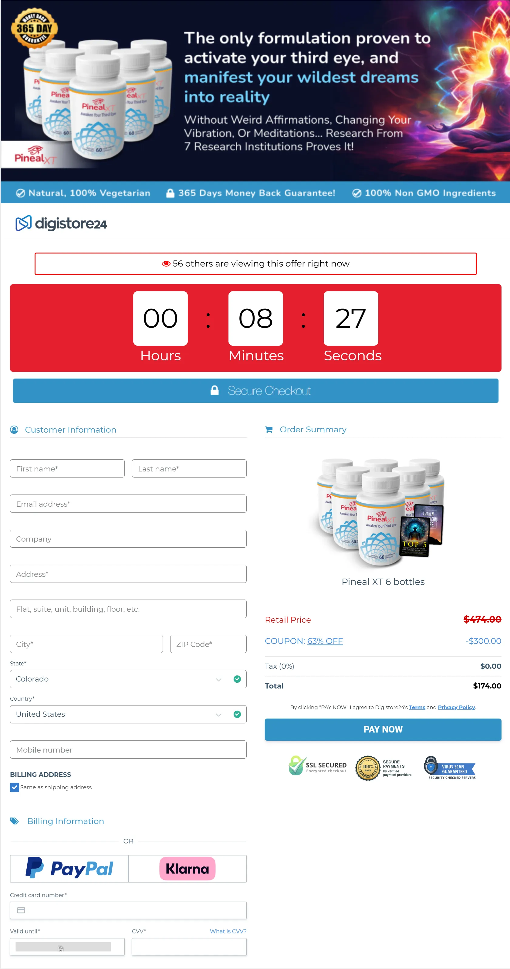 Pineal XT checkout page